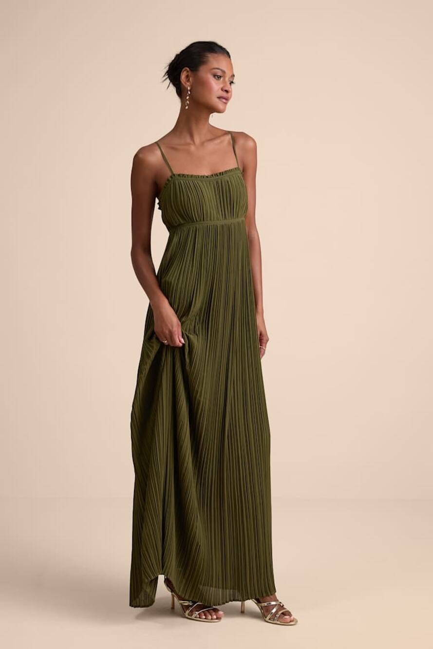 Lulus Delina Olive Plisse Chiffon Tie-Back Maxi Dress Formal Long Medium NWT